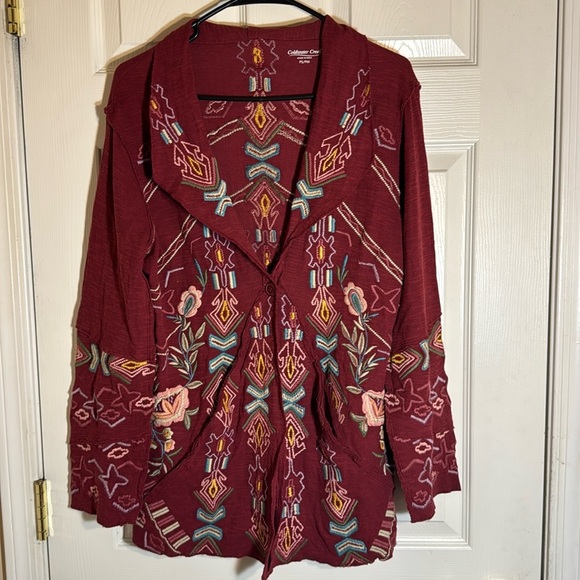 Coldwater Creek Juniper Ridge Red Knit Embroidered Kimono House Coat Cardigan - Picture 1 of 12